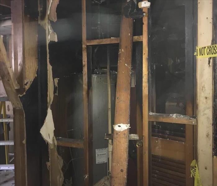 Fire damage in a basement with soot damage